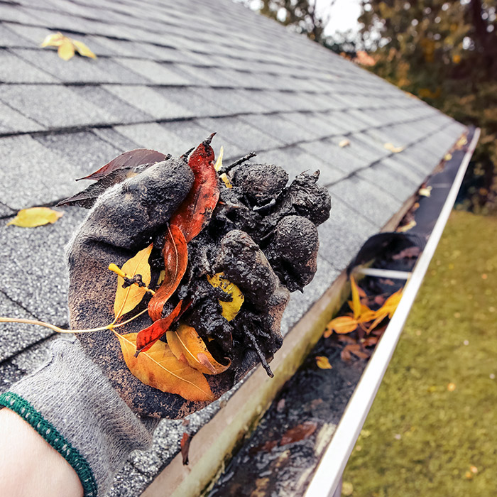 contractor hand close up with glove cleaning debris and leaves of gutter canton ms